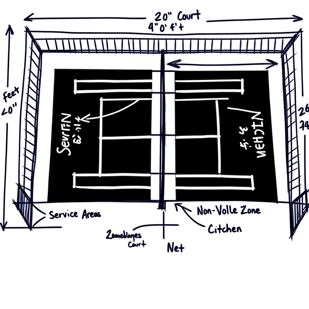 DALL·E 2024 02 19 18.51.51 Create a simple sketch of a pickleball court clearly outlining the standard layout. The sketch should include the court dimensions of 20 feet in widt