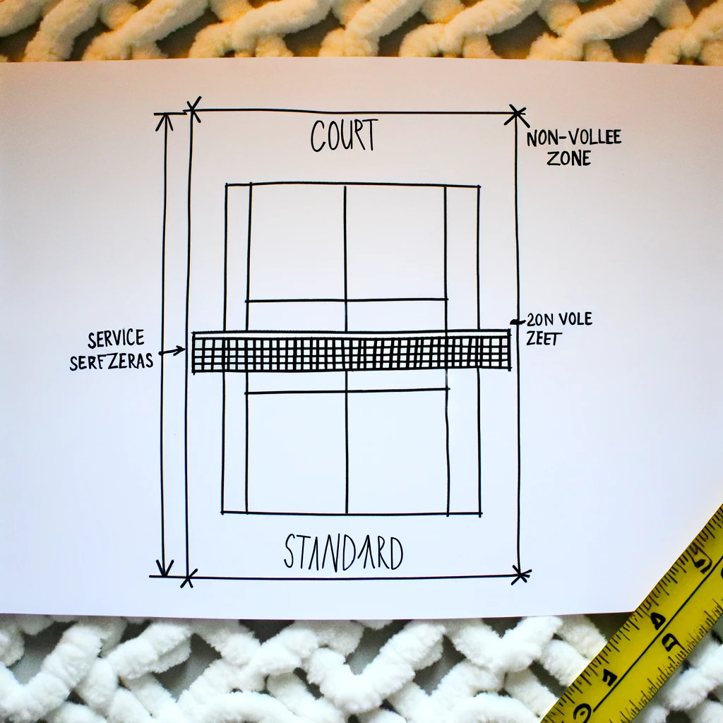 DALL·E 2024 02 19 18.51.56 Create a simple sketch of a pickleball court clearly outlining the standard layout. The sketch should include the court dimensions of 20 feet in widt