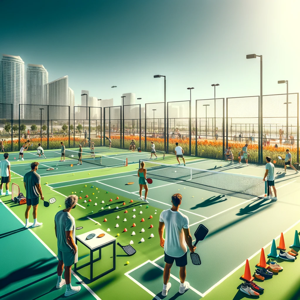 DALL·E 2024 03 20 19.38.51 An inspiring and visually appealing image depicting a pickleball practice session. The scene is set outdoors on a sunny day with clear blue skies. The